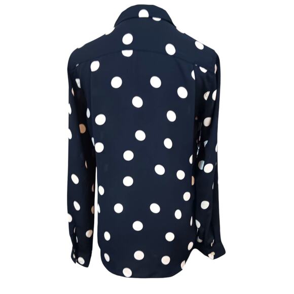 LOFT Blouse Top Career Office Professional Chic XS Navy Blue White Polka Dots - Picture 2 of 7